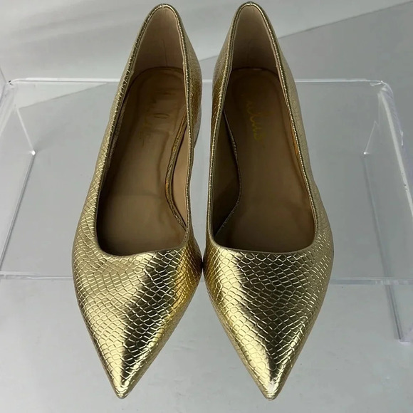 Lulus Alessia Gold Metallic Snake Embossed Low Block Heel Pointed-Toe Flats Sz 7 - Picture 5 of 16